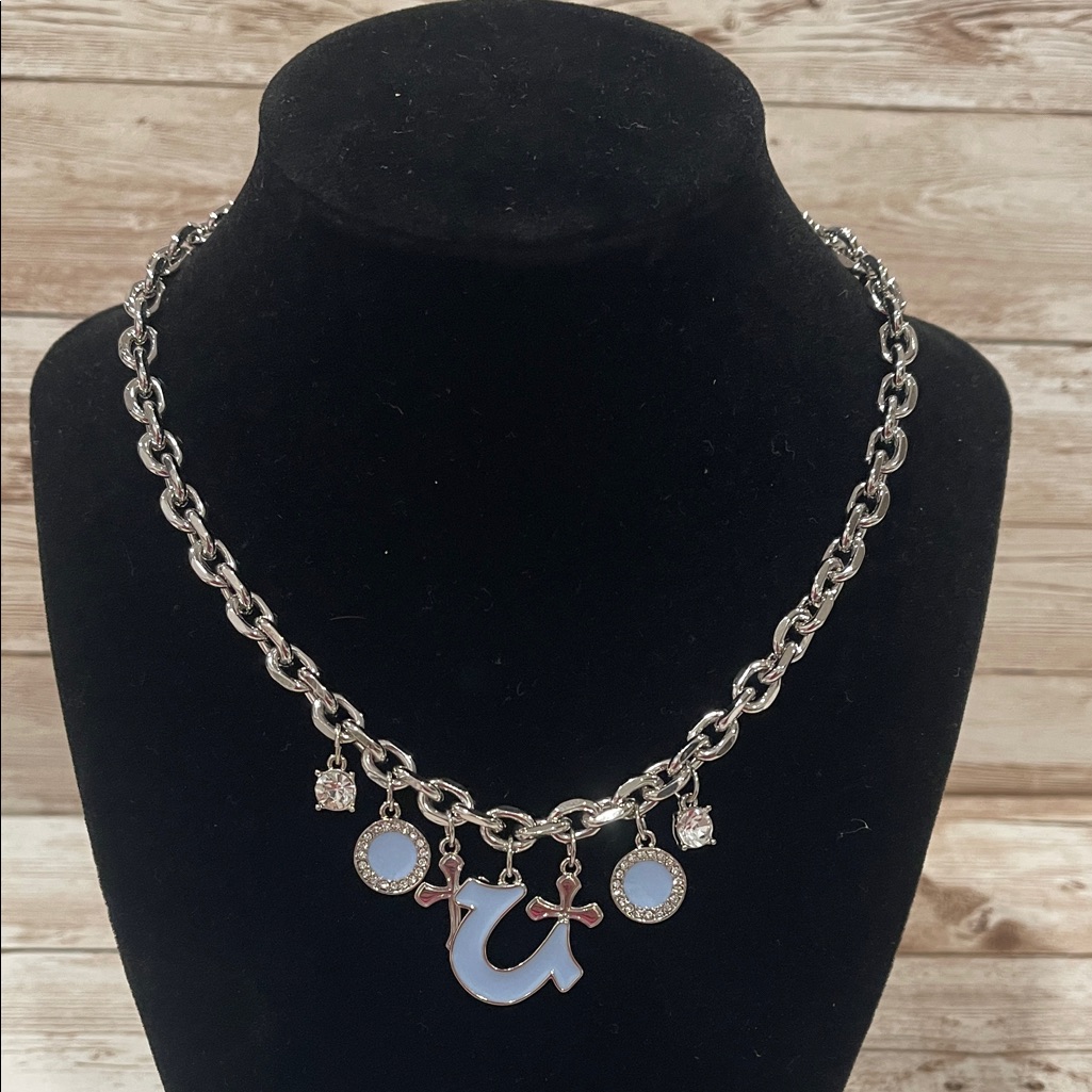True Religion Silver Necklace With Blue And Pink Charms
